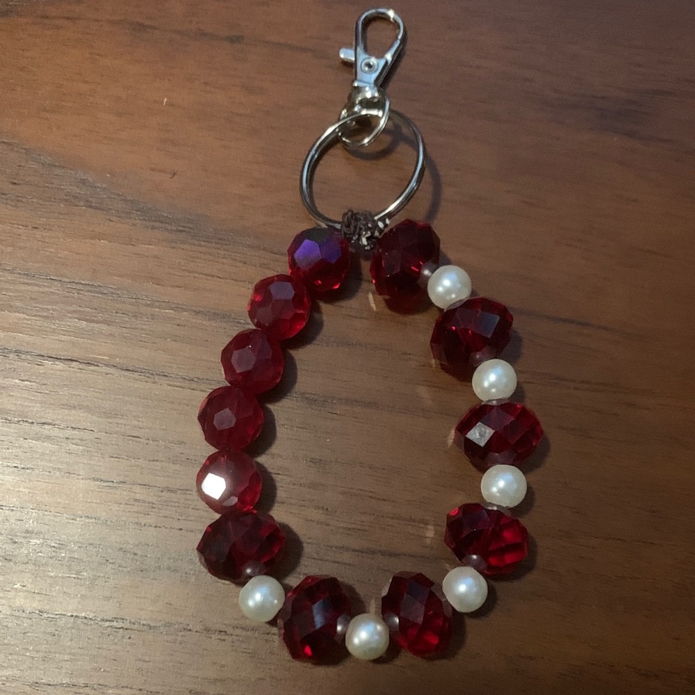Vintage Red Crystal Keychain with Pearls